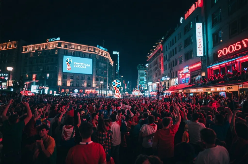 世界杯观赛城市的夜景与球迷氛围