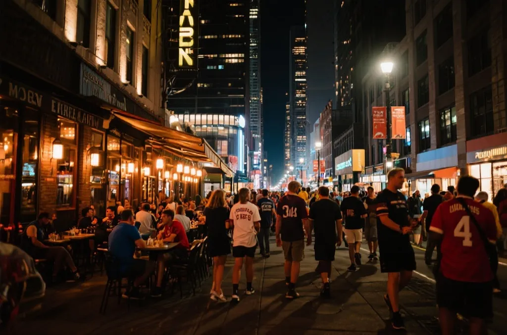 球迷在城市商业街区看球后的夜晚散步场景